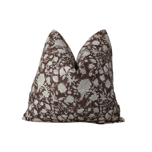 RUSSEL || Brown / Burgundy Floral Block Print Throw Pillow Cover.