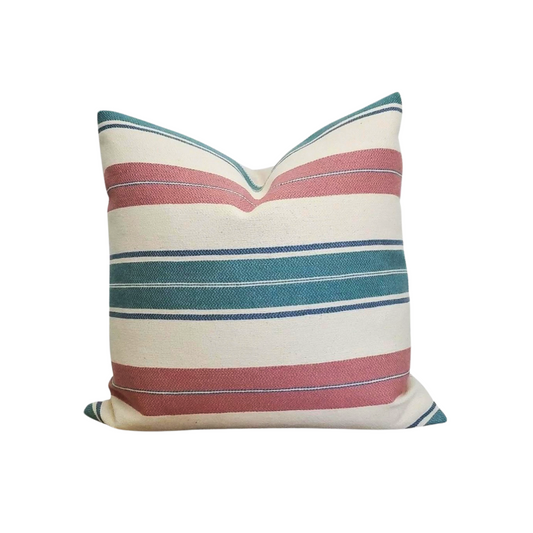 HANNAH || Blue and Pink Stripe Pillow, Patio or Indoor Pillow (RTS)