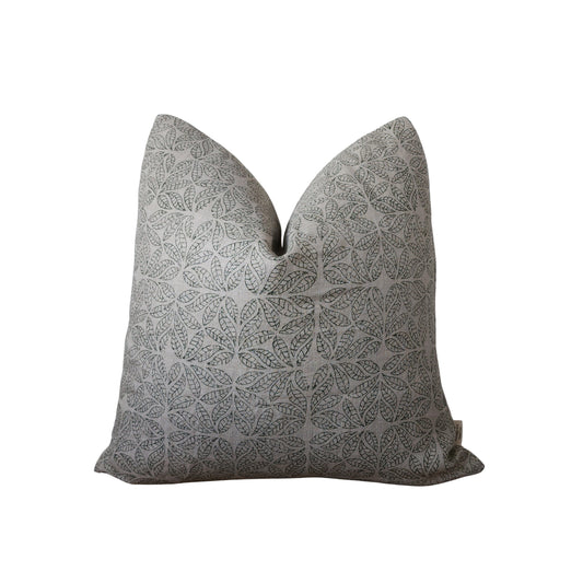 ELIZA || Neutral Green Block Print Leaf Pattern Throw Pillow Cover. Linen Block Print With Green Botanical Pattern.