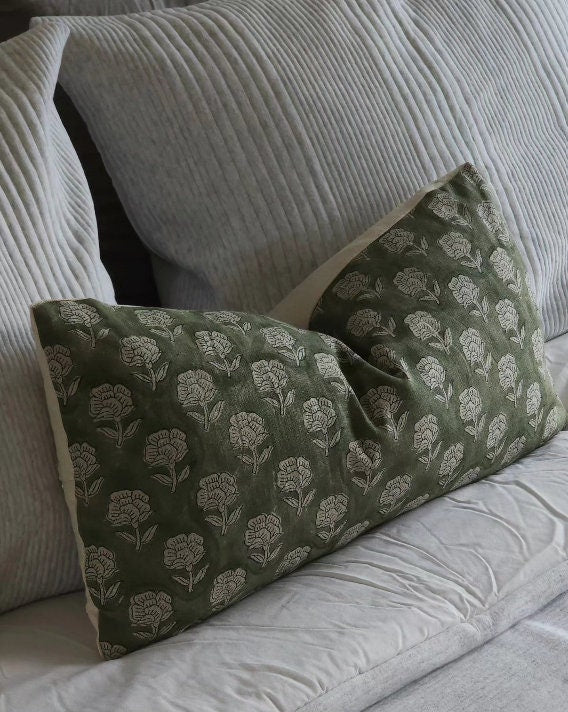 MORGAN || Green Floral Linen Block Print Throw Pillow, MCM pillows, bold patterned pillows, green throw pillows