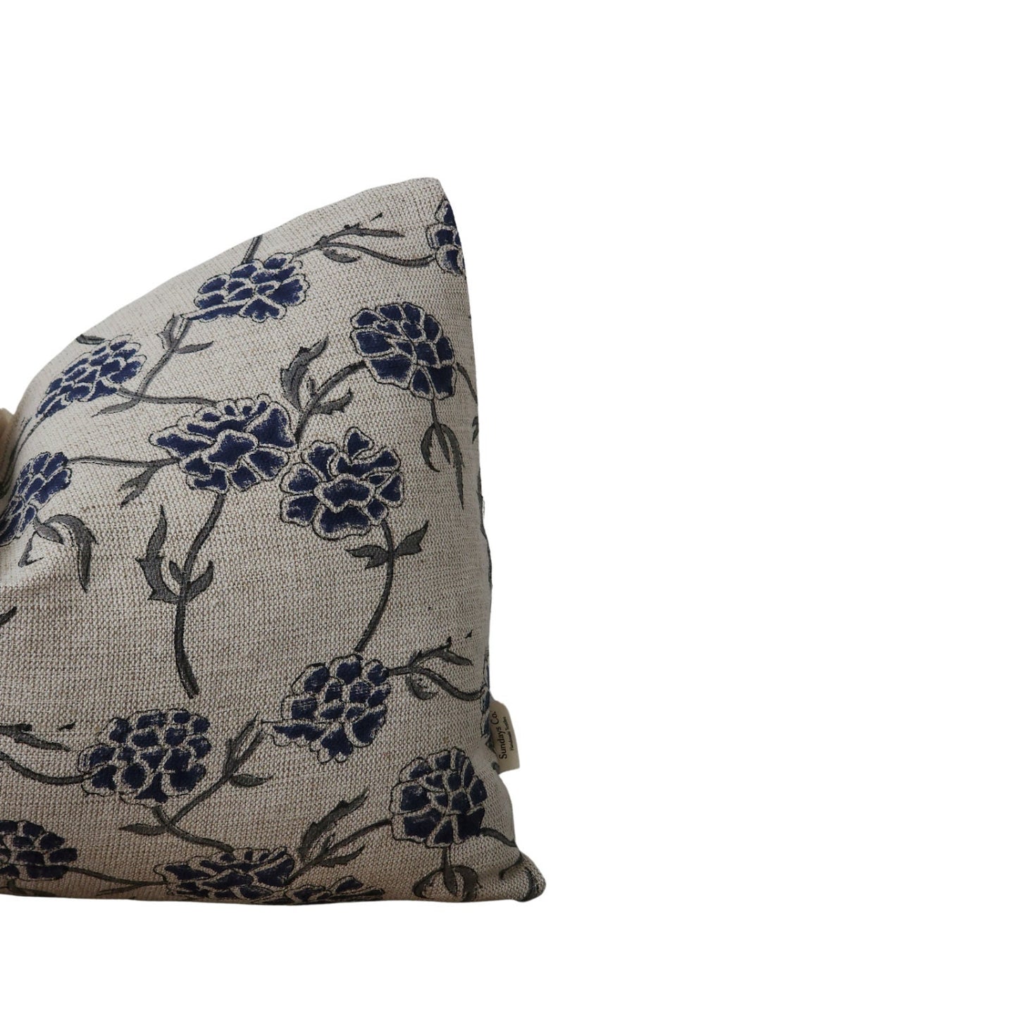 HOLLY || Navy Blue and Gray Floral Block Print Throw Pillow. Bold Neutral Heavy Weight Linen Block Print. Thick Linen Throw Pillow Cover.